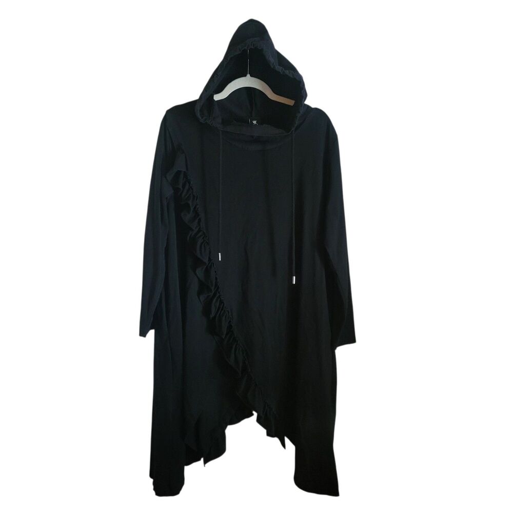 QLZW Hooded Tunic Shirt One Size S-L Black Ruffle‎ Whimsigoth Fairy Dark Vamp